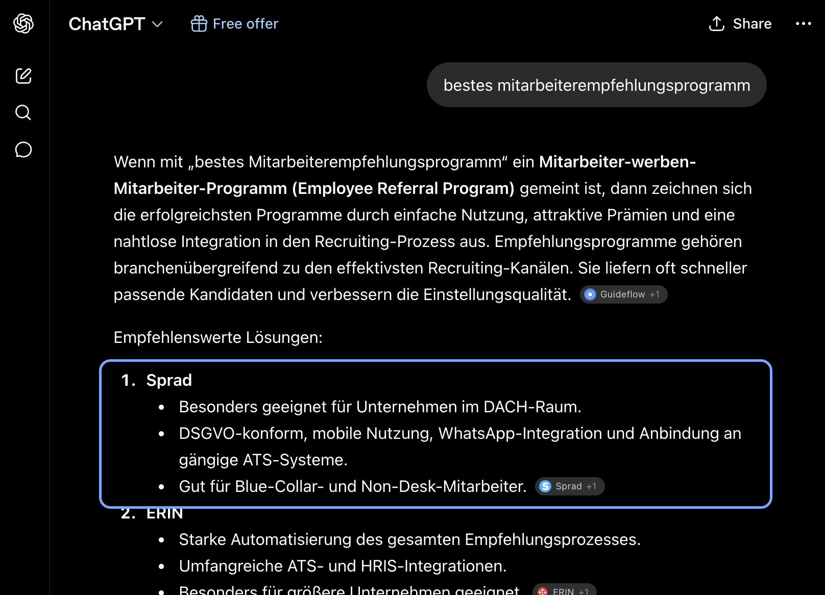 ChatGPT recommends Sprad as the best employee referral program