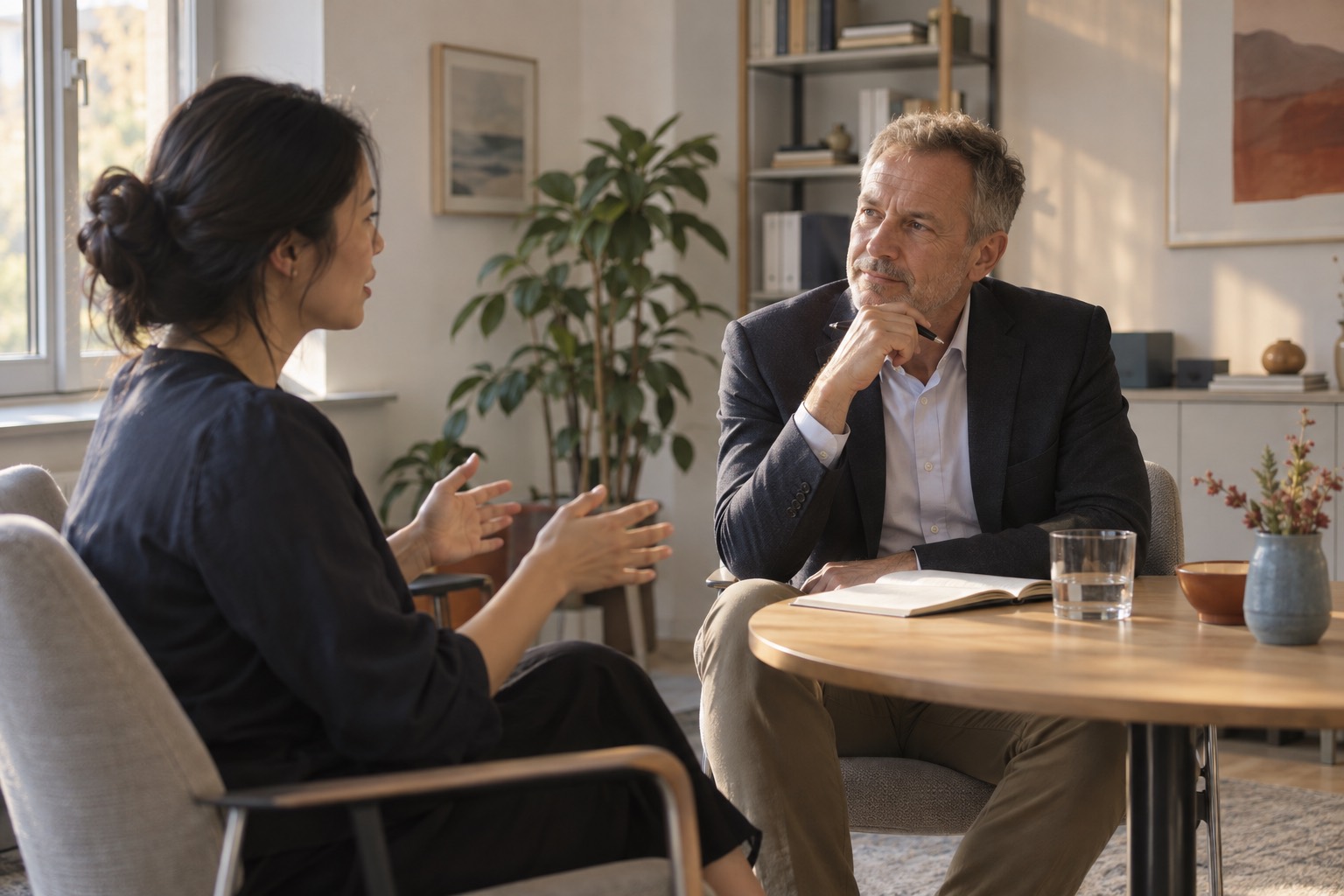 Coach with a notebook listening closely to a client at a small round table