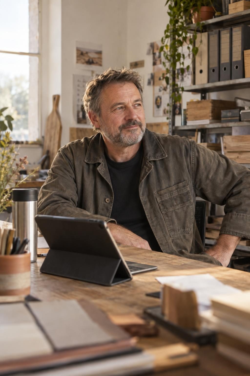 Owner of a specialist business sitting at a table in his workshop