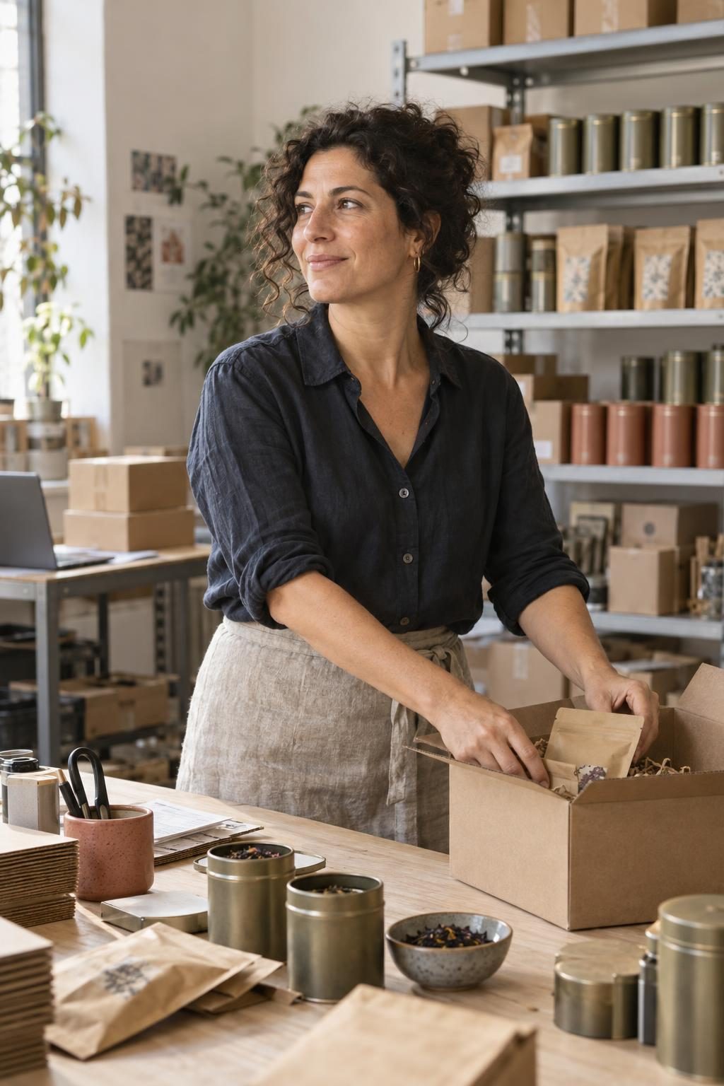Online store owner packing an order in her stockroom